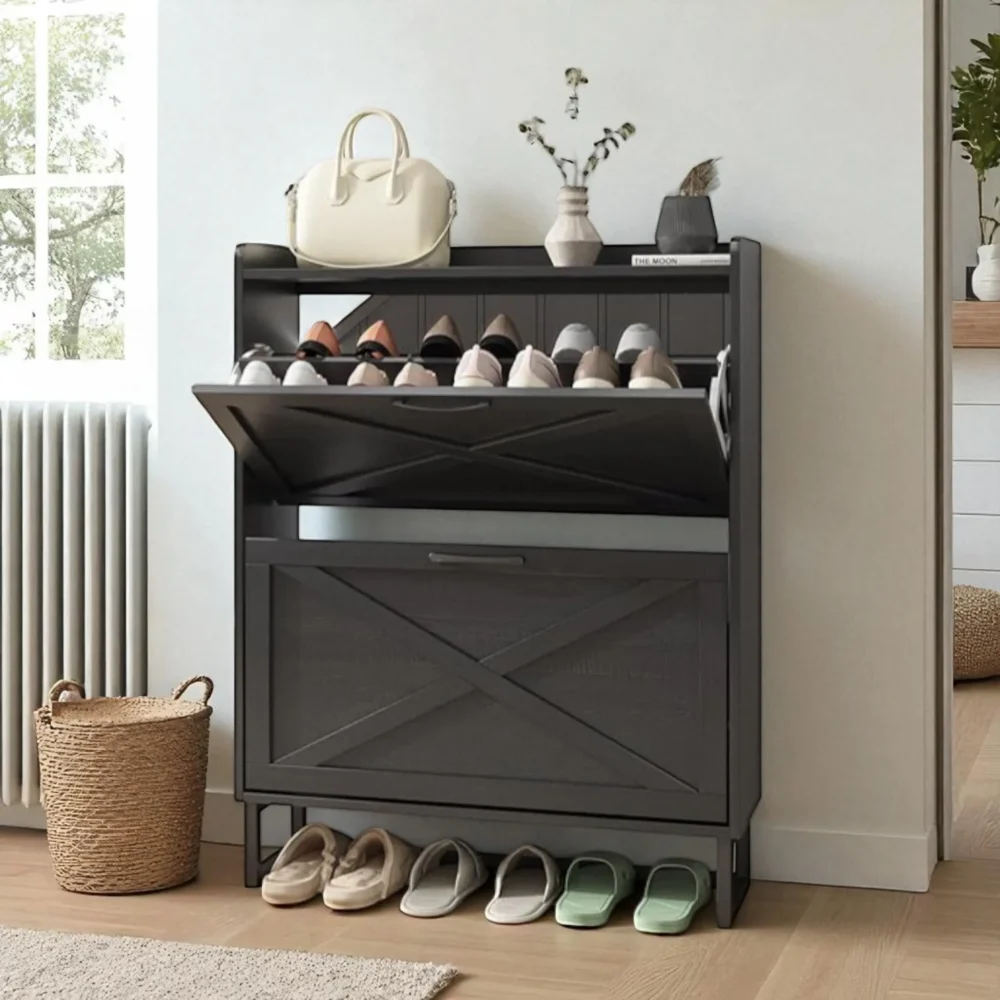 Haven 3-Tier Rustic Flip-Shoe Cabinet with Top Organizer Shelf - Image 8