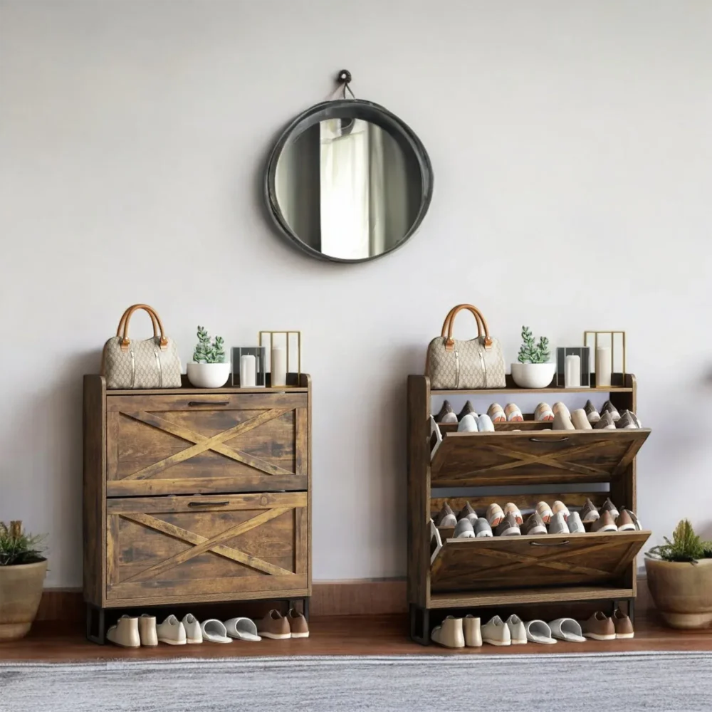 Haven 3-Tier Rustic Flip-Shoe Cabinet with Top Organizer Shelf - Image 2