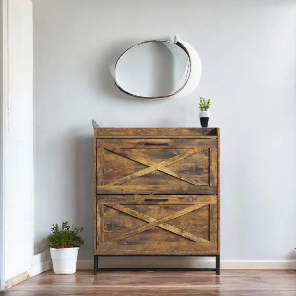Haven 3-Tier Rustic Flip-Shoe Cabinet with Top Organizer Shelf - Image 3