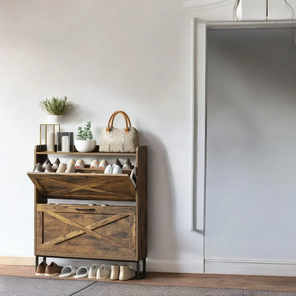 Haven 3-Tier Rustic Flip-Shoe Cabinet with Top Organizer Shelf - Image 6
