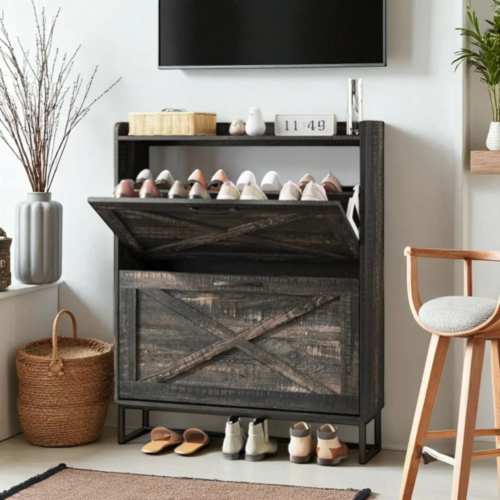 Haven 3-Tier Rustic Flip-Shoe Cabinet with Top Organizer Shelf - Image 7