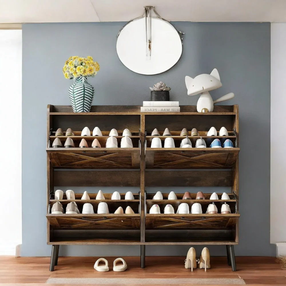 Timberline 4-Tier Rustic Shoe Cabinet with Flip Drawers and Sturdy Legs