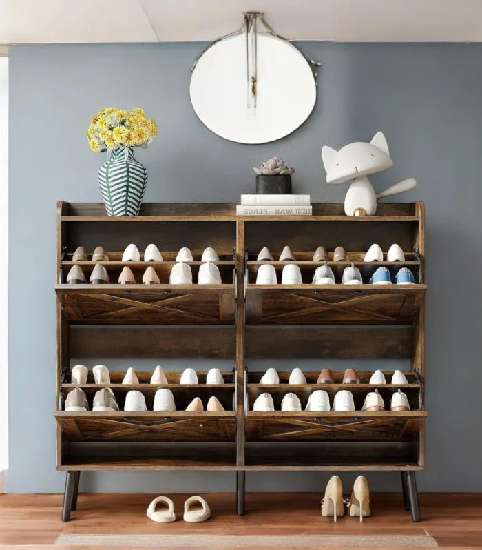 Timberline 4-Tier Rustic Shoe Cabinet with Flip Drawers and Sturdy Legs