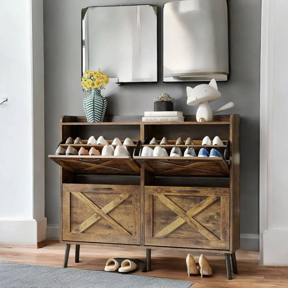Timberline 4-Tier Rustic Shoe Cabinet with Flip Drawers and Sturdy Legs - Image 2