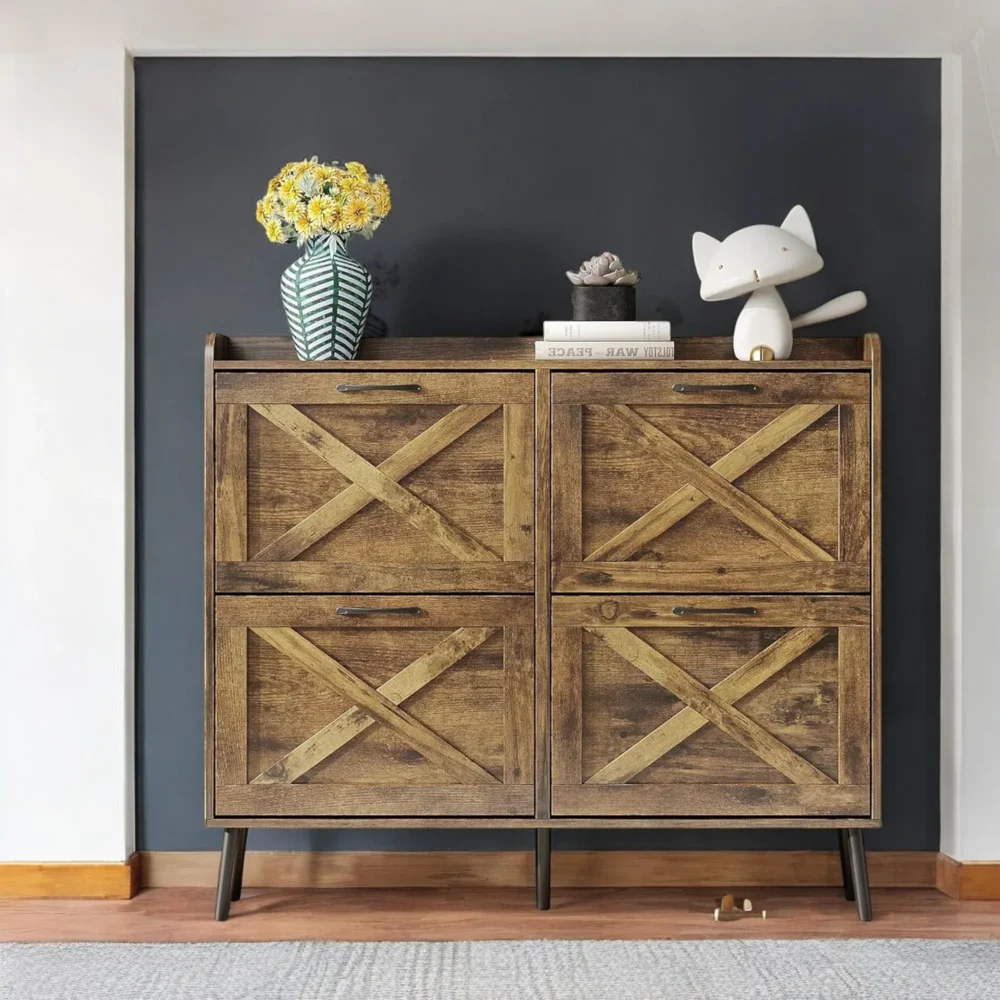 Timberline 4-Tier Rustic Shoe Cabinet with Flip Drawers and Sturdy Legs - Image 3
