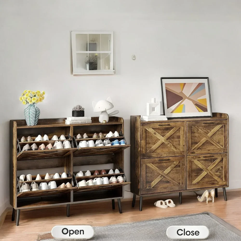 Timberline 4-Tier Rustic Shoe Cabinet with Flip Drawers and Sturdy Legs - Image 5