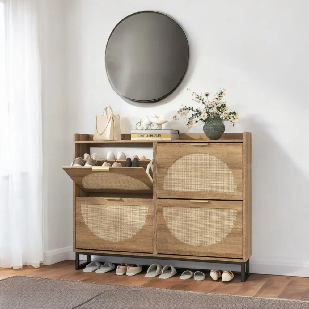 Breeze Rattan-Look 4-Tier Slim Shoe Cabinet with Modern Storage Design