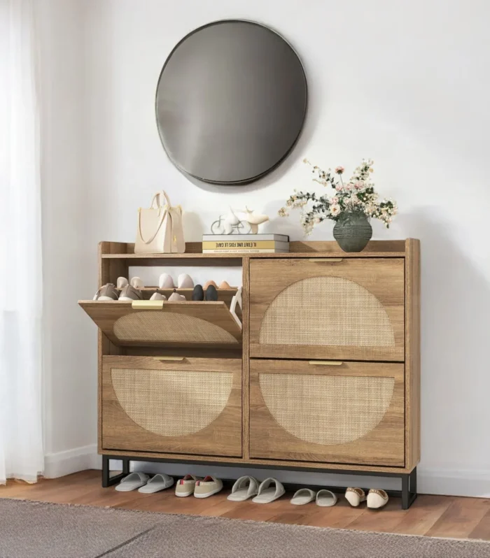 Breeze Rattan-Look 4-Tier Slim Shoe Cabinet with Modern Storage Design
