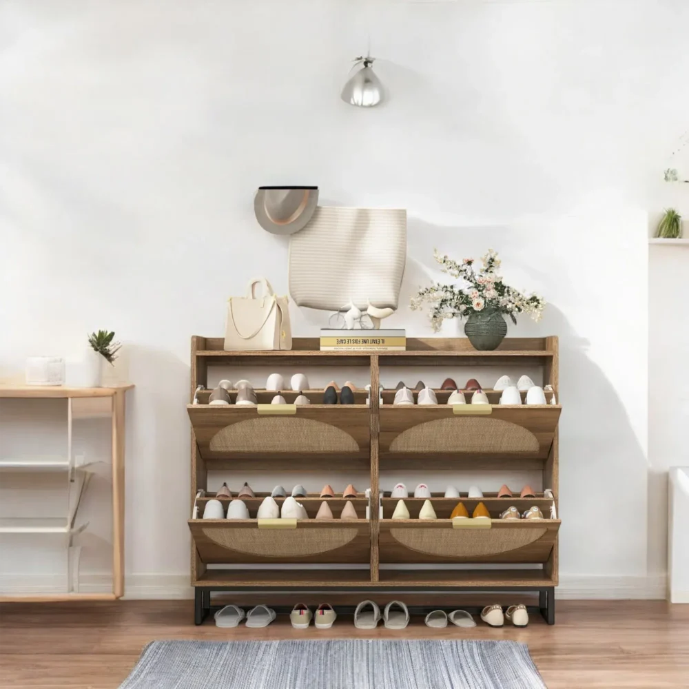 Breeze Rattan-Look 4-Tier Slim Shoe Cabinet with Modern Storage Design - Image 2