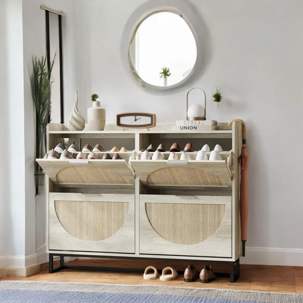 Breeze Rattan-Look 4-Tier Slim Shoe Cabinet with Modern Storage Design - Image 4