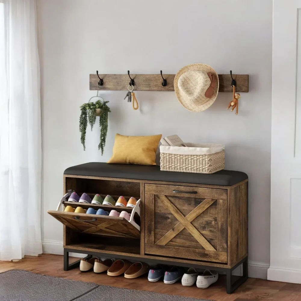 Homestead Entry Bench with Cushion, Coat Hooks and 2 Flip Drawers