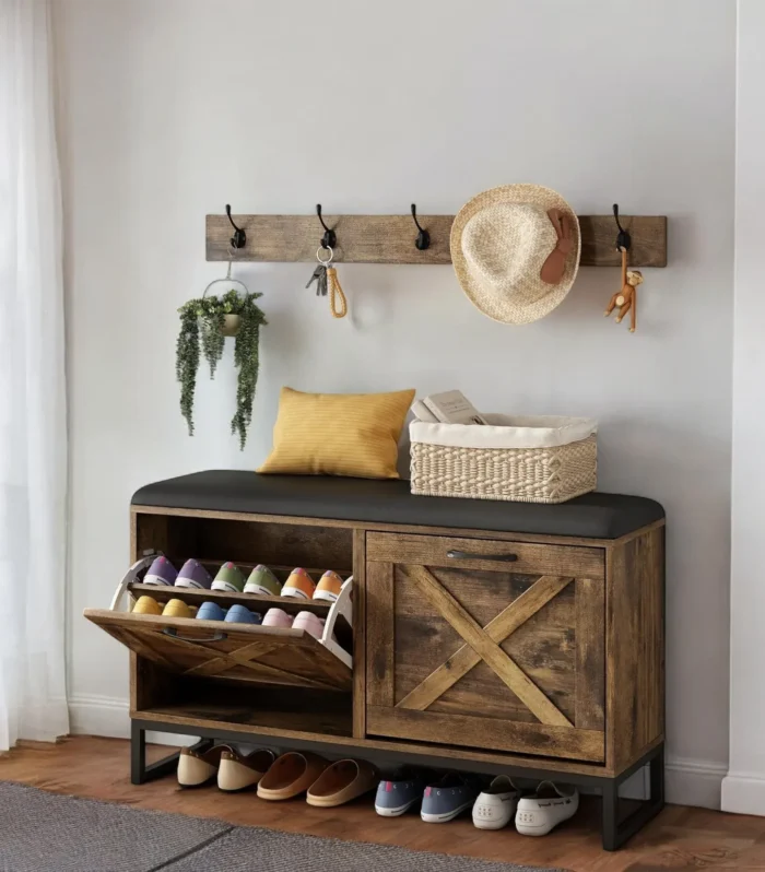 Homestead Entry Bench with Cushion, Coat Hooks and 2 Flip Drawers
