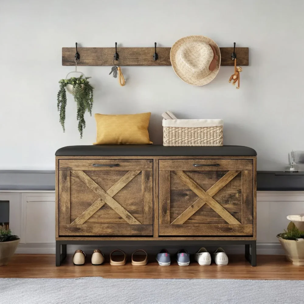 Homestead Entry Bench with Cushion, Coat Hooks and 2 Flip Drawers - Image 2