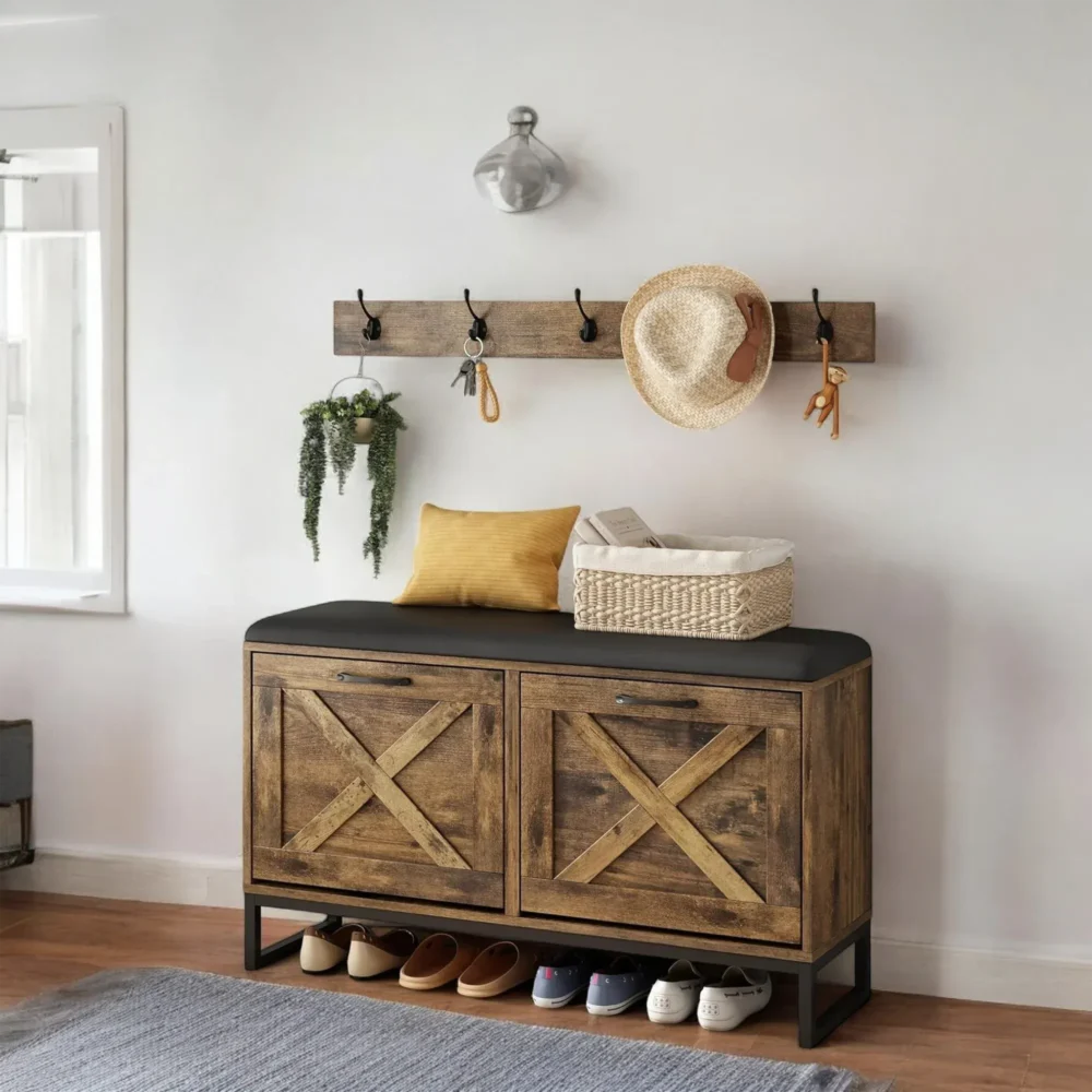 Homestead Entry Bench with Cushion, Coat Hooks and 2 Flip Drawers - Image 3