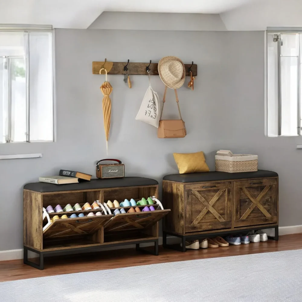Homestead Entry Bench with Cushion, Coat Hooks and 2 Flip Drawers - Image 5