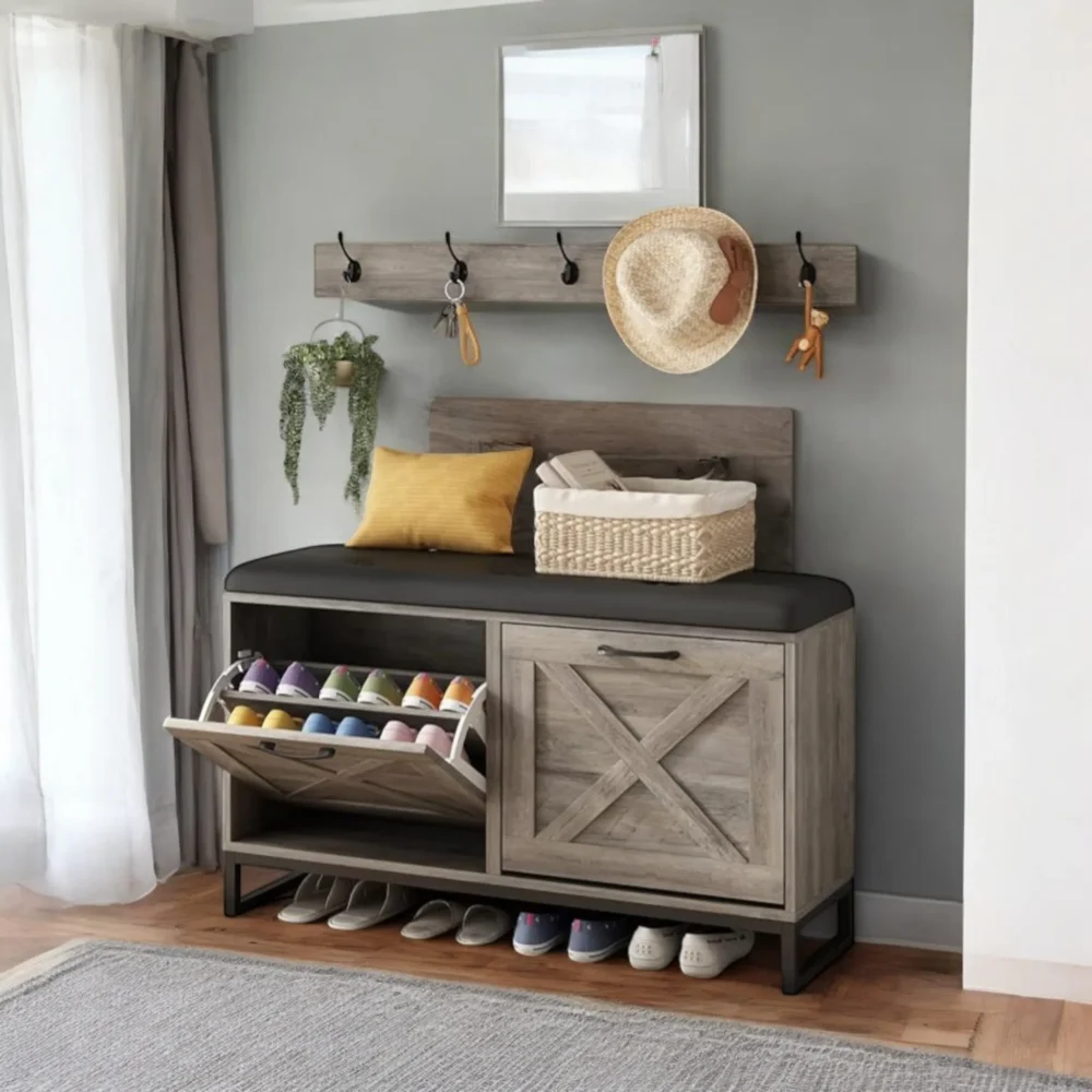 Homestead Entry Bench with Cushion, Coat Hooks and 2 Flip Drawers - Image 6