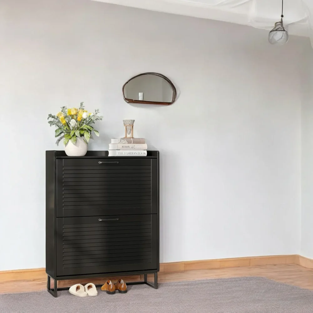 Noirline Double Flip-Drawer Shoe Cabinet with Metal Base Accent
