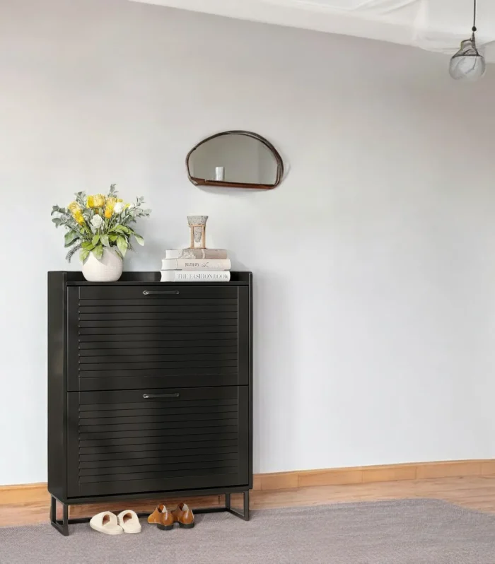 Noirline Double Flip-Drawer Shoe Cabinet with Metal Base Accent