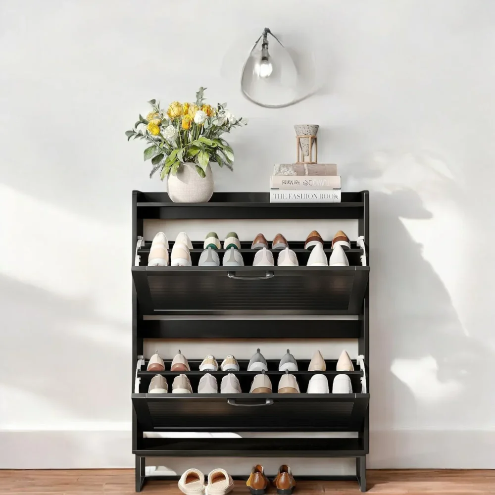 Noirline Double Flip-Drawer Shoe Cabinet with Metal Base Accent - Image 2