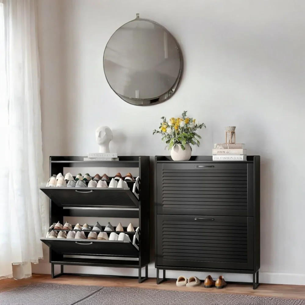 Noirline Double Flip-Drawer Shoe Cabinet with Metal Base Accent - Image 3