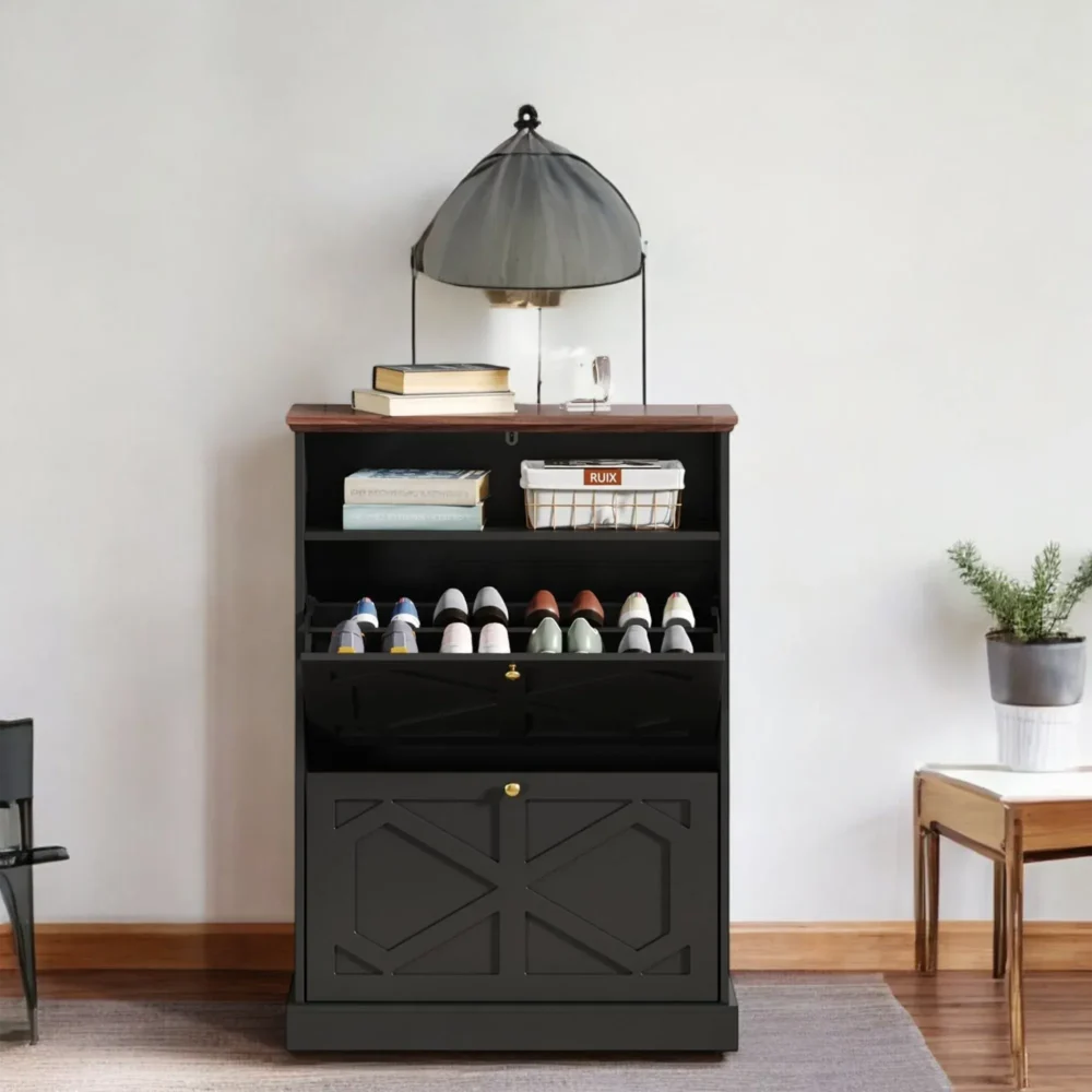 Crossline Black 2-Tier Shoe Cabinet with X-Panel Door Design