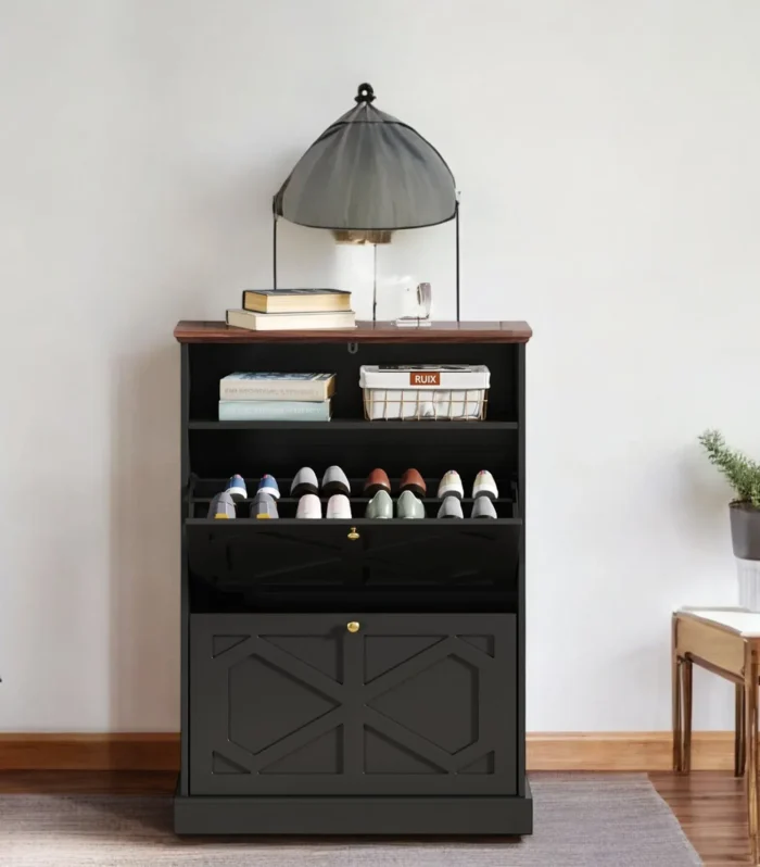 Crossline Black 2-Tier Shoe Cabinet with X-Panel Door Design