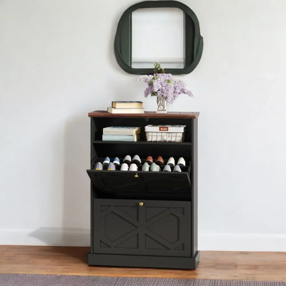 Crossline Black 2-Tier Shoe Cabinet with X-Panel Door Design - Image 2