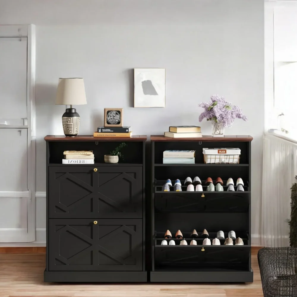 Crossline Black 2-Tier Shoe Cabinet with X-Panel Door Design - Image 3