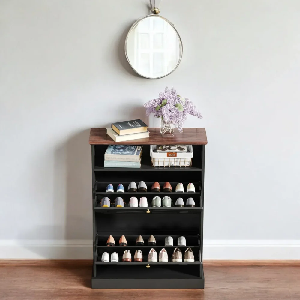Crossline Black 2-Tier Shoe Cabinet with X-Panel Door Design - Image 4