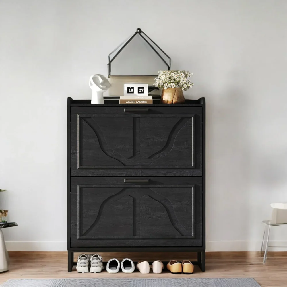 Slate Black Flip-Drawer Shoe Cabinet - Compact Modern Storage