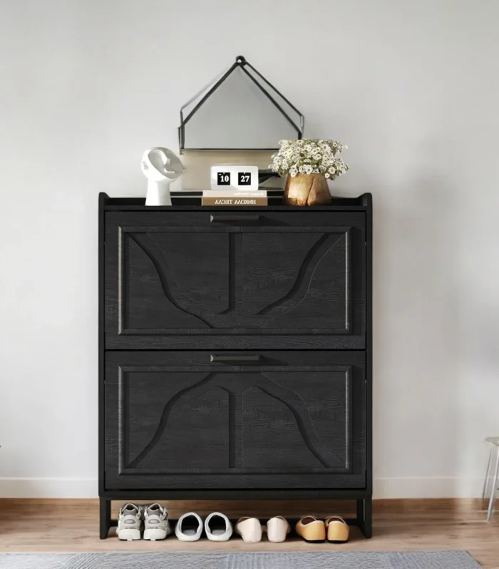 Slate Black Flip-Drawer Shoe Cabinet - Compact Modern Storage