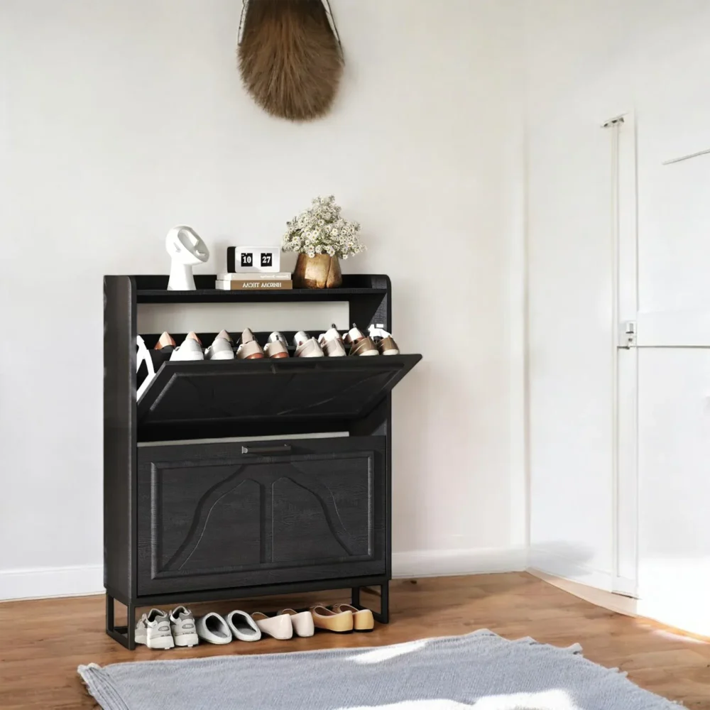 Slate Black Flip-Drawer Shoe Cabinet - Compact Modern Storage - Image 2