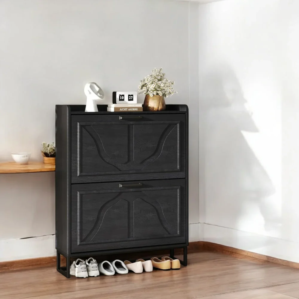 Slate Black Flip-Drawer Shoe Cabinet - Compact Modern Storage - Image 3