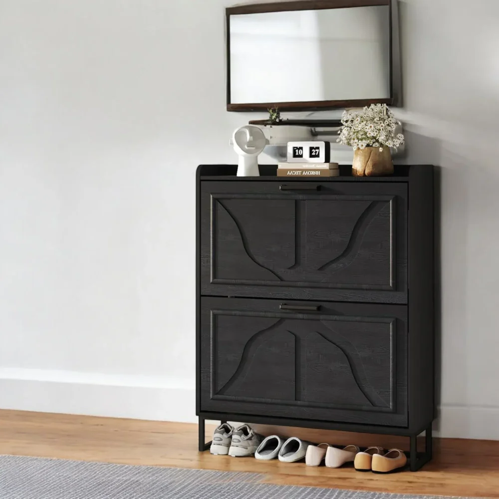 Slate Black Flip-Drawer Shoe Cabinet - Compact Modern Storage - Image 5
