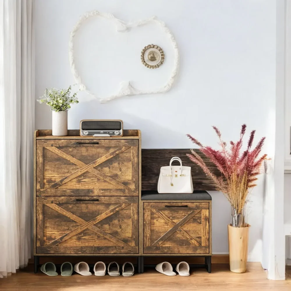 Rustora Wooden Bench Shoe Cabinet with Cushion and Storage Drawers