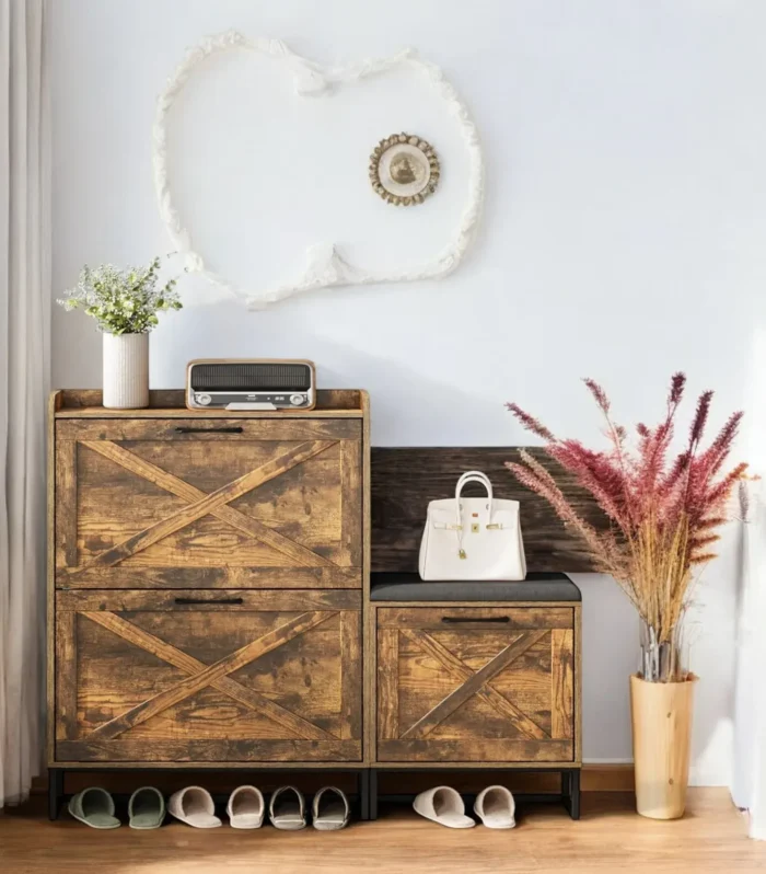 Rustora Wooden Bench Shoe Cabinet with Cushion and Storage Drawers
