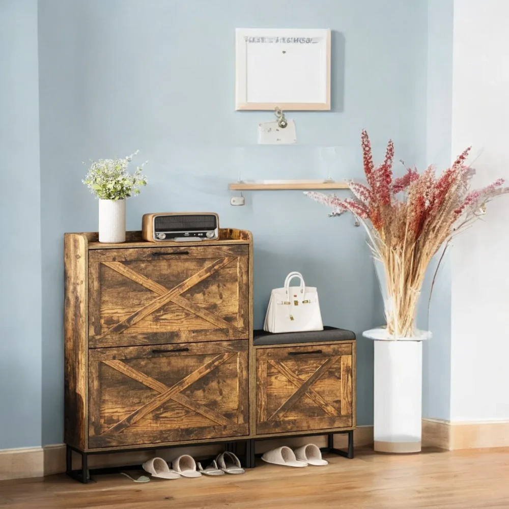 Rustora Wooden Bench Shoe Cabinet with Cushion and Storage Drawers - Image 2