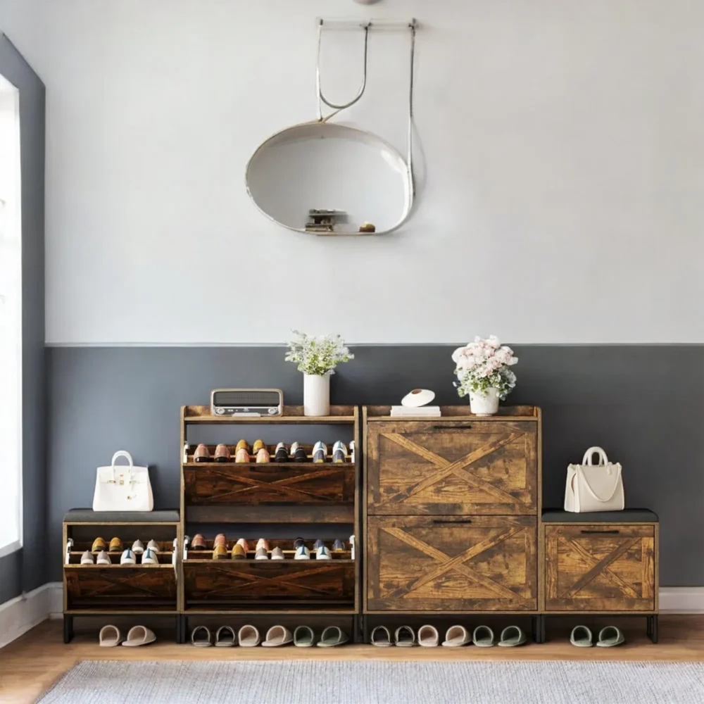 Rustora Wooden Bench Shoe Cabinet with Cushion and Storage Drawers - Image 3