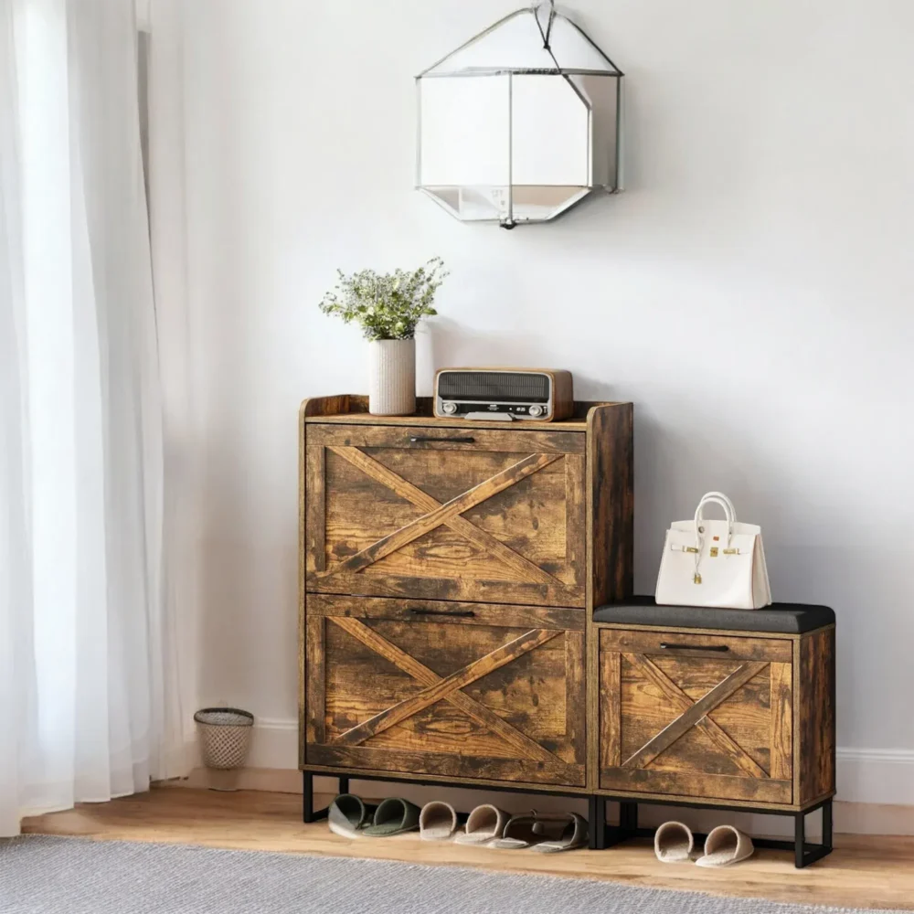 Rustora Wooden Bench Shoe Cabinet with Cushion and Storage Drawers - Image 4