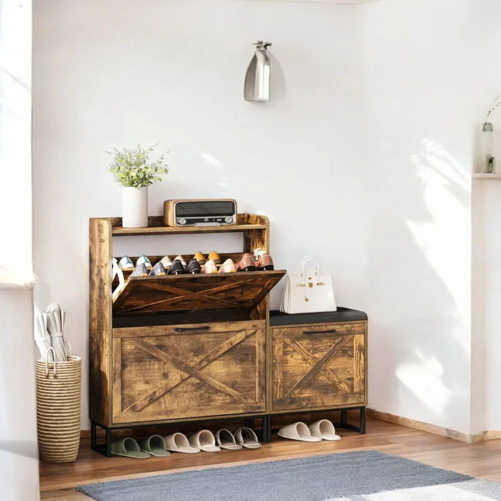 Rustora Wooden Bench Shoe Cabinet with Cushion and Storage Drawers - Image 7