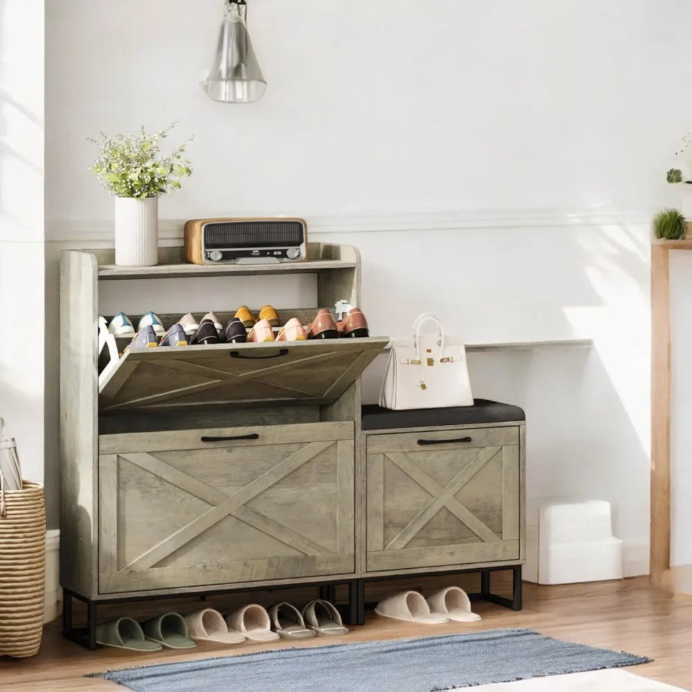 Rustora Wooden Bench Shoe Cabinet with Cushion and Storage Drawers - Image 8